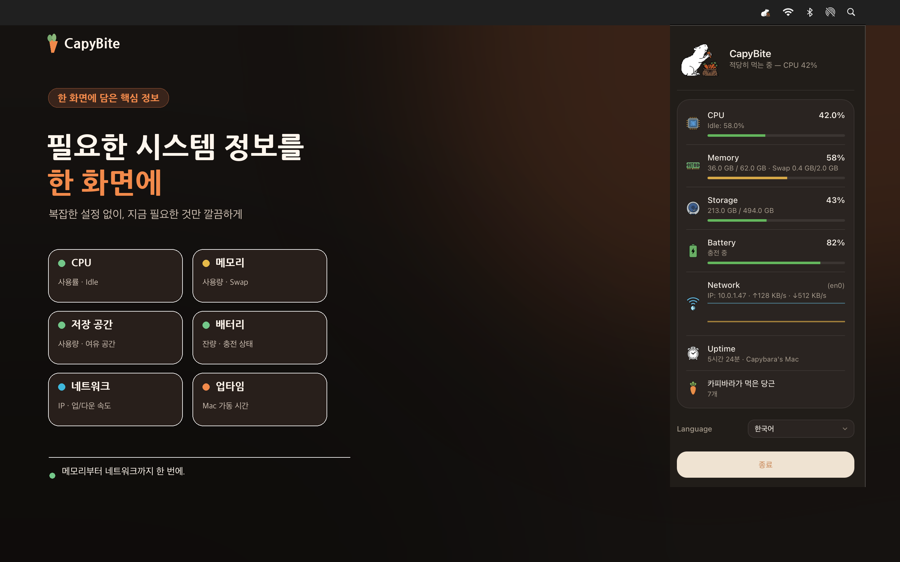 CapyBite의 CPU, 메모리, 저장공간, 배터리, 네트워크, 가동 시간 대시보드