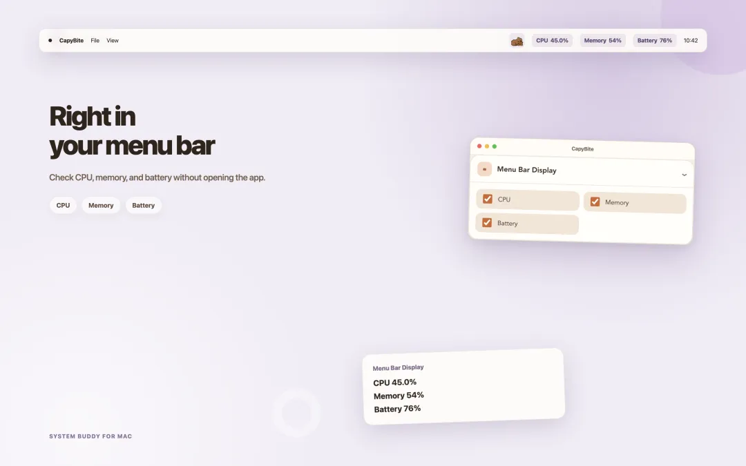 CapyBite showing CPU, memory, and battery values in the macOS menu bar