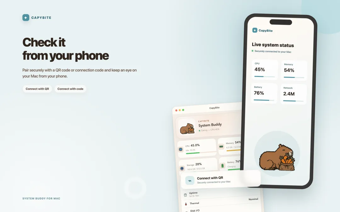 CapyBite mobile connection screen pairing an iPhone with a QR code