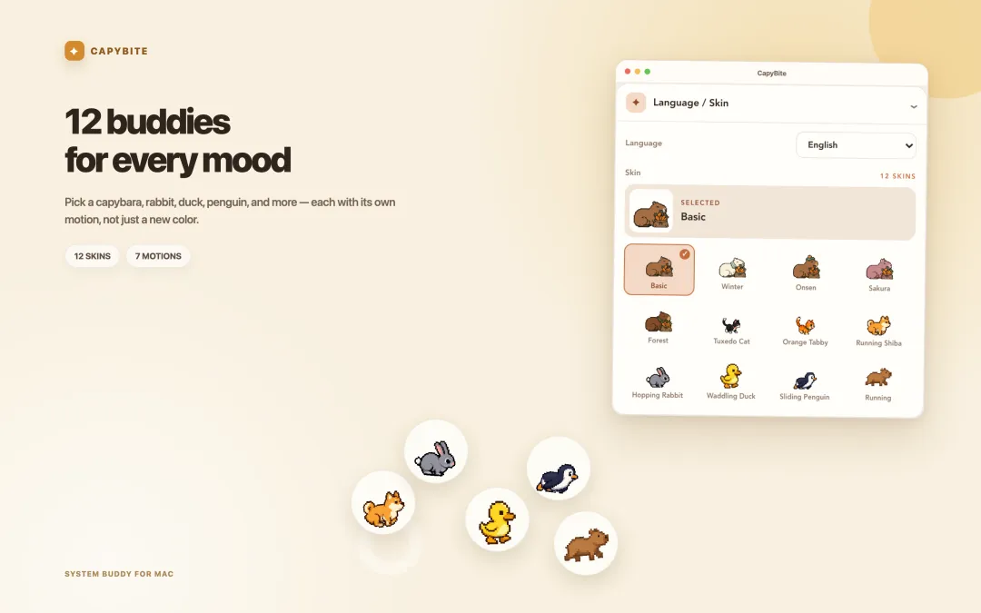 CapyBite skin picker with twenty-six capybara and animal skins