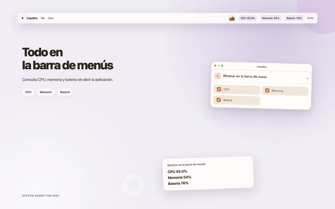 CapyBite mostrando CPU, memoria y batería en la barra de menús de macOS