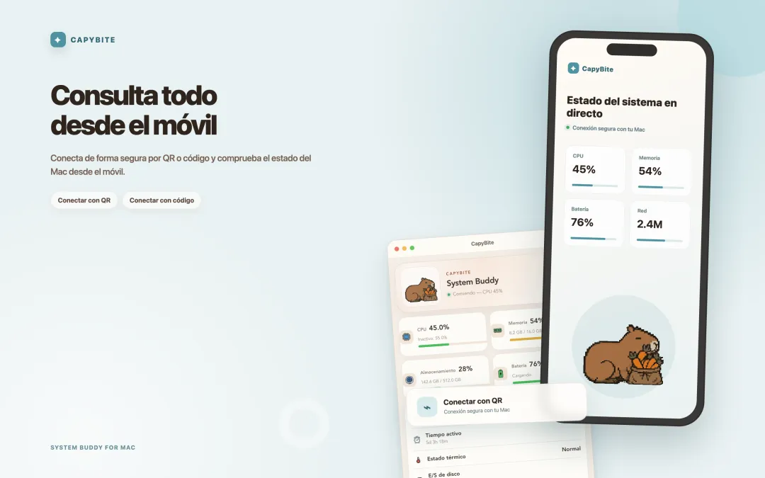 Pantalla de conexión móvil de CapyBite que vincula un iPhone con un código QR