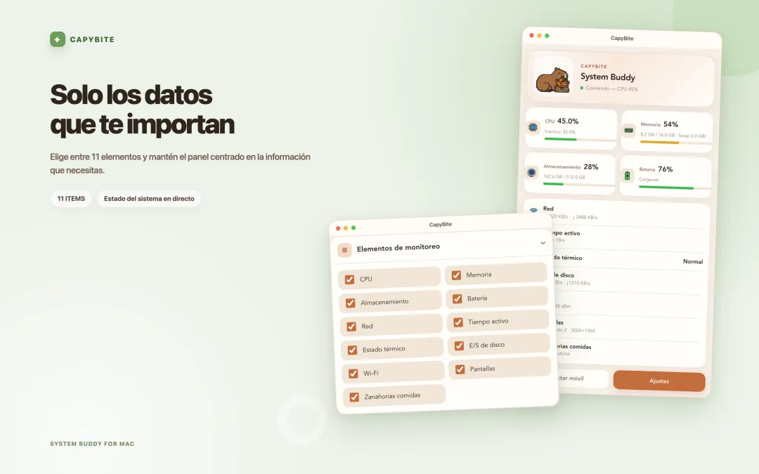 Ajustes de CapyBite para elegir cuáles de los once elementos de monitorización se muestran