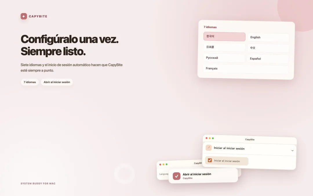 Ajustes de CapyBite para los siete idiomas y el inicio automático al iniciar sesión