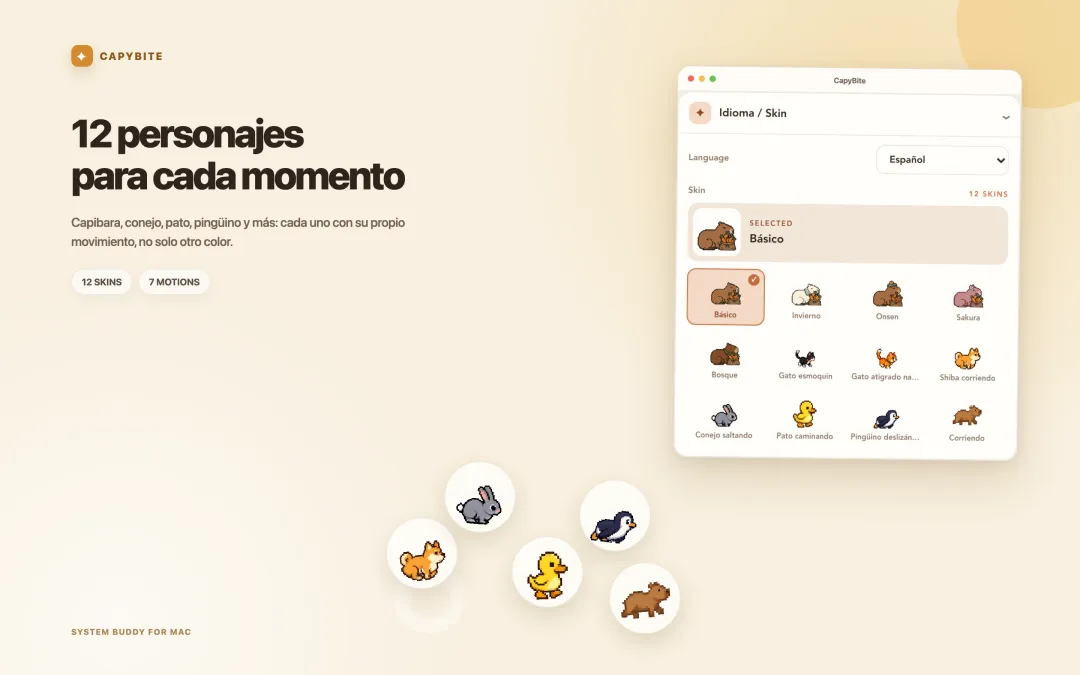 Pantalla de selección de skins de CapyBite con veintiséis capibaras y animales