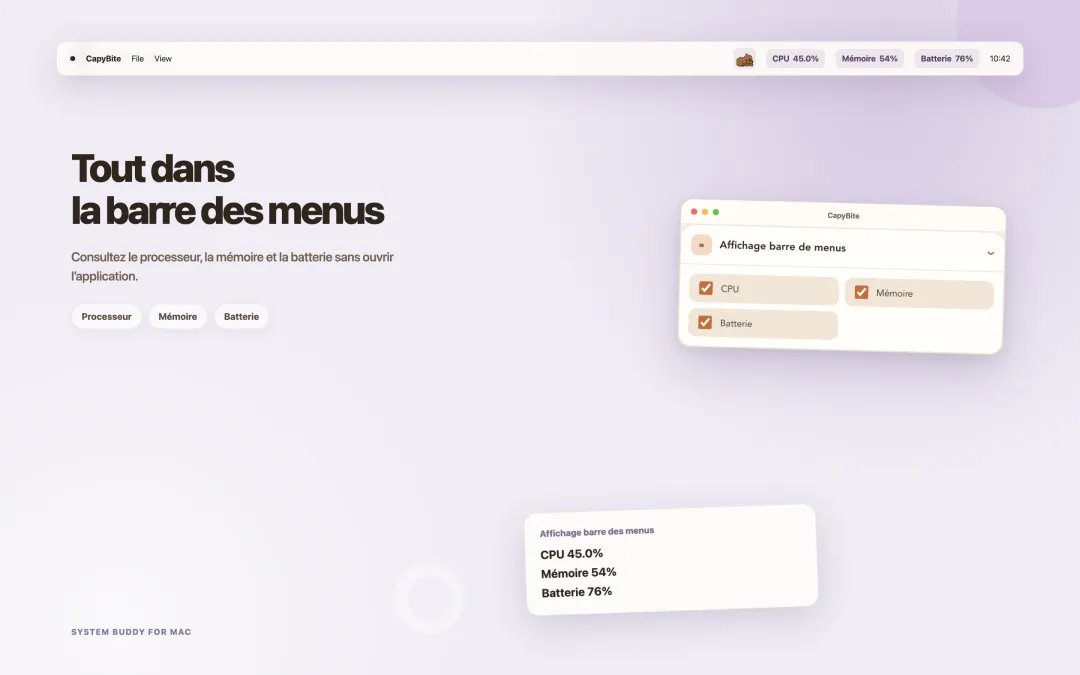 CapyBite affichant CPU, mémoire et batterie dans la barre de menus de macOS