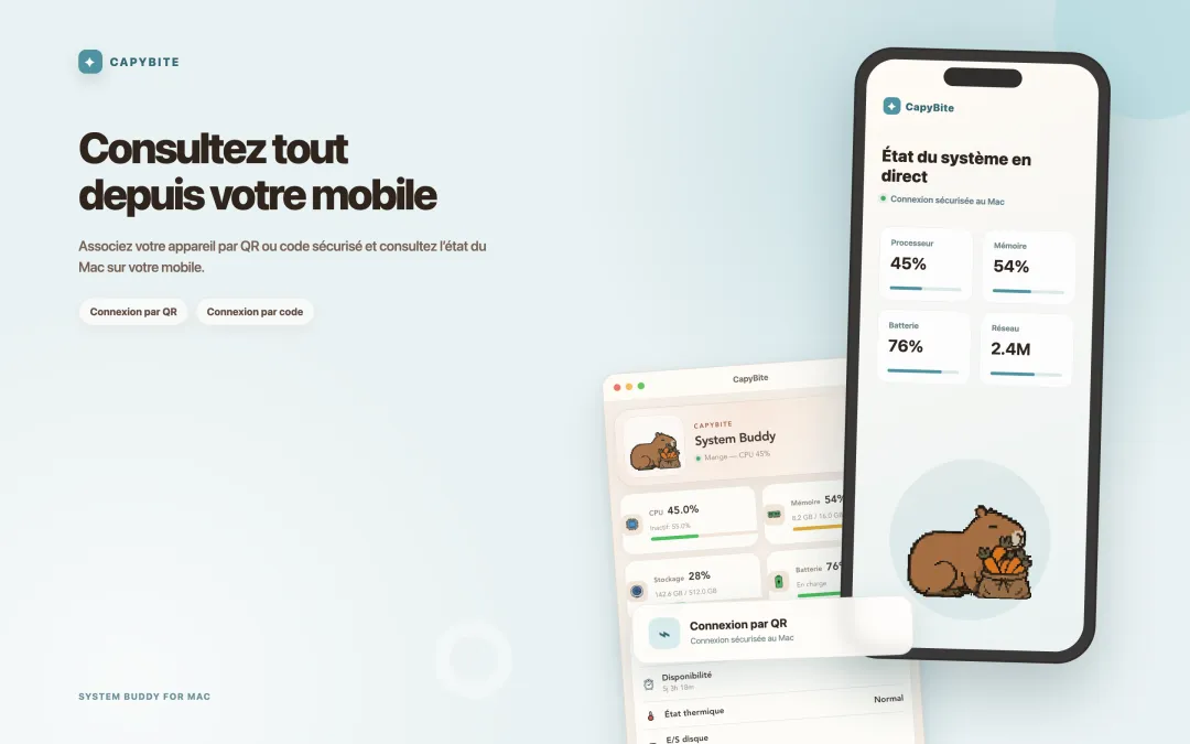 Écran de connexion mobile CapyBite associant un iPhone via un QR code