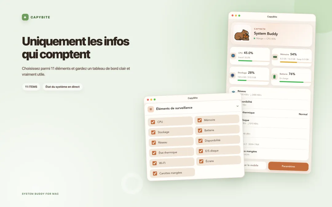 Réglages CapyBite pour choisir lesquels des onze indicateurs afficher