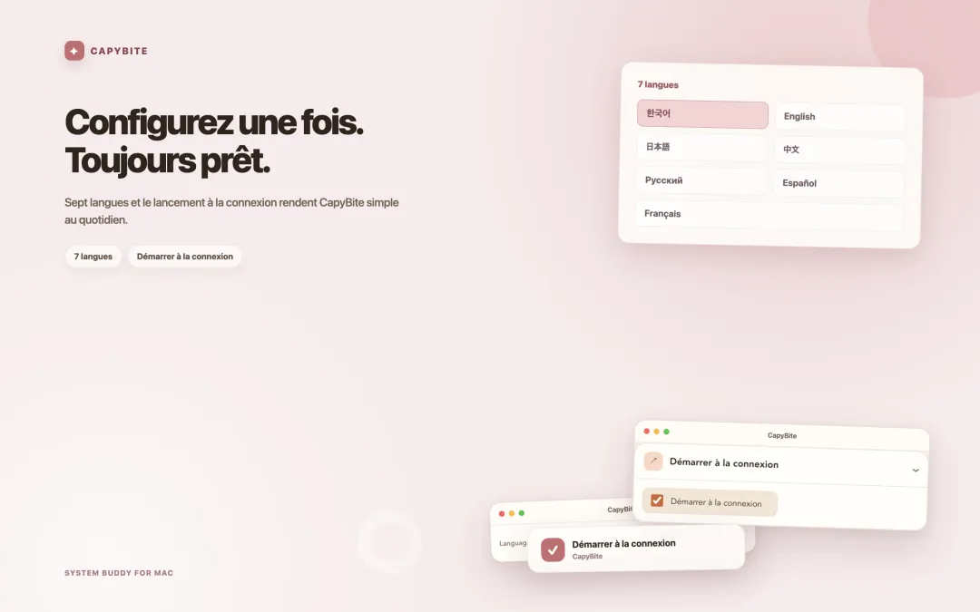 Réglages CapyBite pour les sept langues et le lancement à l'ouverture de session