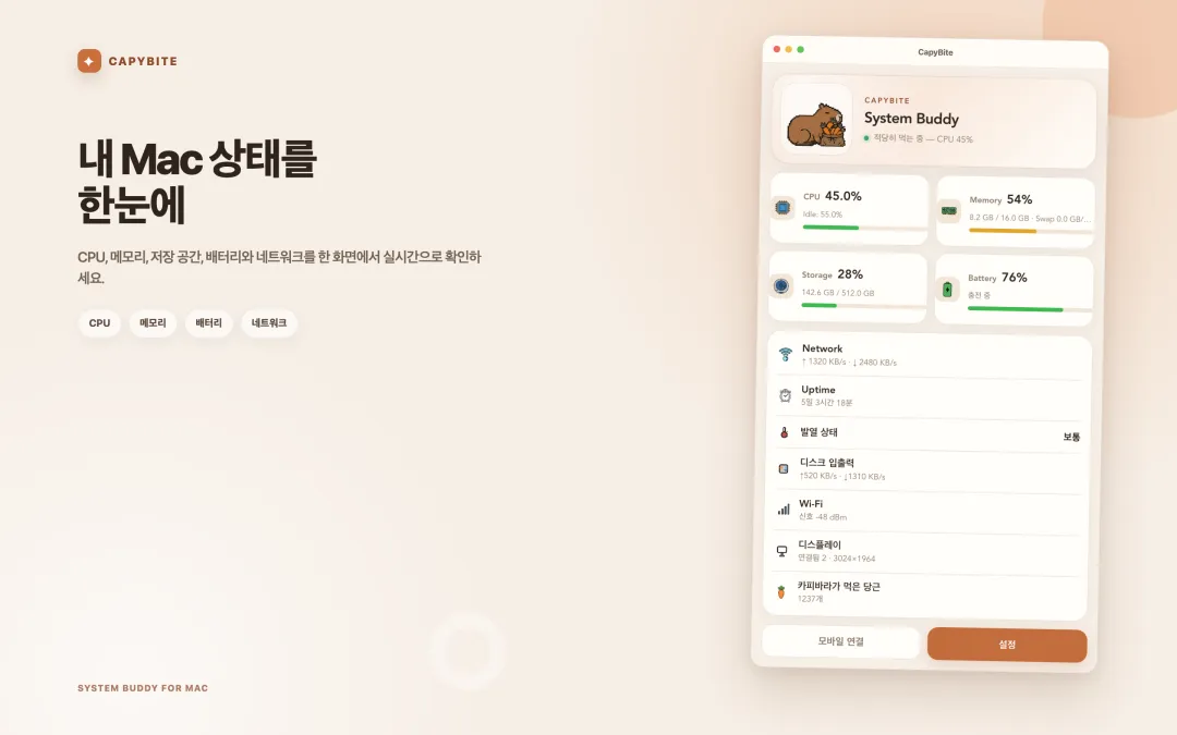 CPU, 메모리, 저장 공간, 배터리, 네트워크와 가동 시간을 한 화면에 보여주는 CapyBite 대시보드