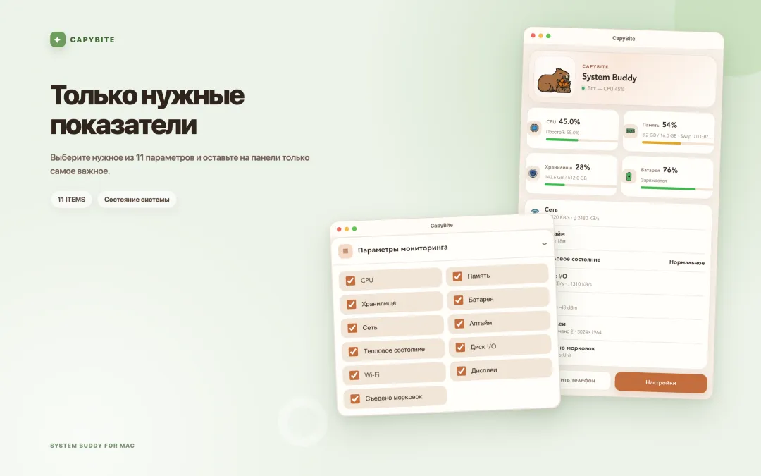 Настройки CapyBite для выбора нужных пунктов из одиннадцати показателей