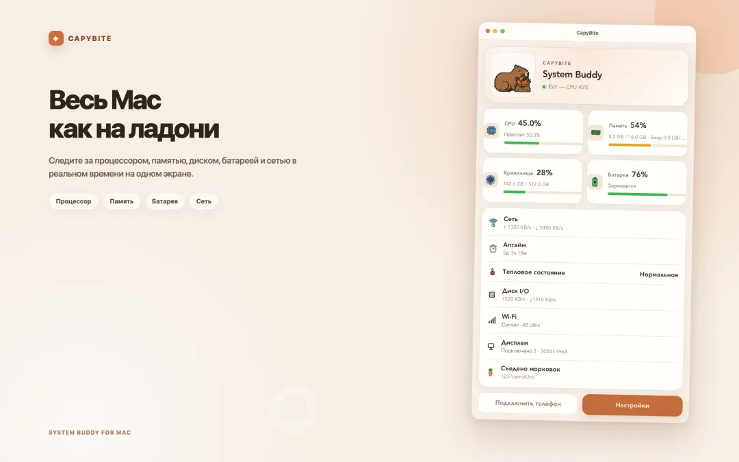 Панель CapyBite с CPU, памятью, накопителем, батареей, сетью и временем работы на одном экране