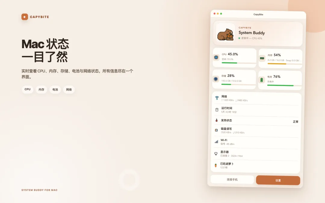 在一个界面显示 CPU、内存、存储空间、电池、网络和运行时间的 CapyBite 仪表板